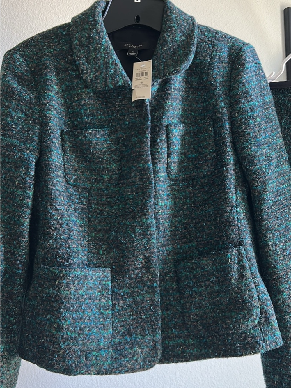 Ann Taylor Teal and Black Bouclé Collar Blazer